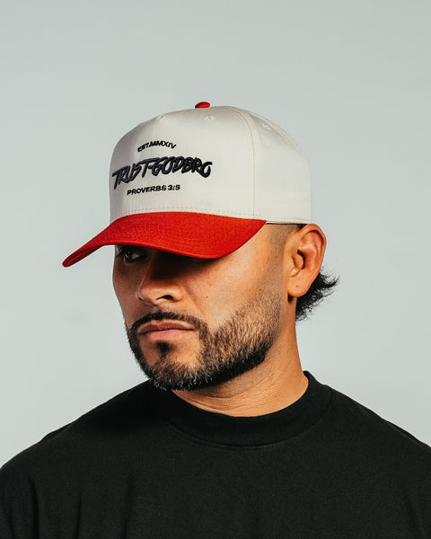 "TRUSTGODBRO" Cream & Red | A-Frame Snap-Back Hat