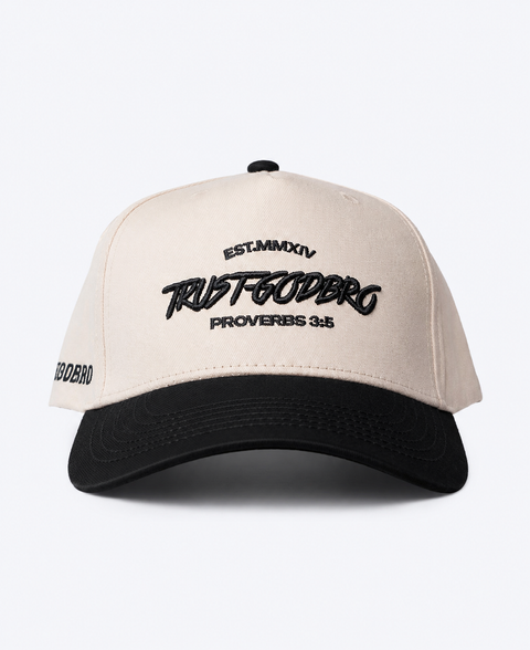 "TRUSTGODBRO" Cream & Black | A-Frame Snap-Back Hat