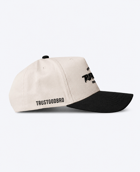 "TRUSTGODBRO" Cream & Black | A-Frame Snap-Back Hat